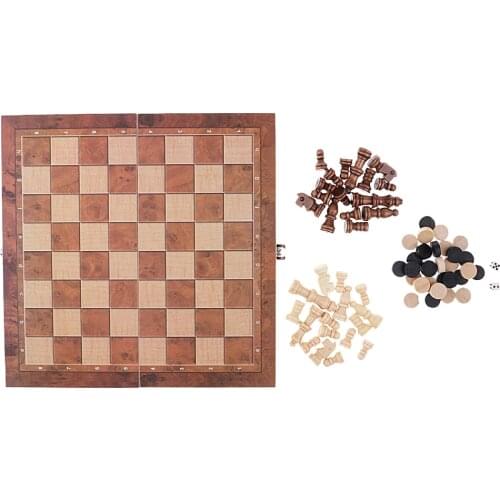 Folding Wooden Chess Backgammon Set Built-in Round Wood Replacement Pieces for Adult Kid Board Game Accessories