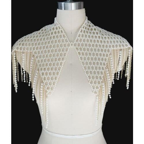 Bridal Luxury Pearls Wedding Cape Lady Sleeveless V-neck Prom Shawl Elegant Party Romantic Beaded Shrug with Tassel Gold Chain