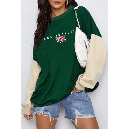 Women Sweatshirts Pullover Long Sleeve Letter Print Patchwork Top Sweatshirts Vintage Loose Hoodie Fashion Streetwear Blouse