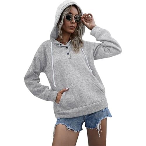 Drawstring Pocket Long Sleeve Solid Color Button Hoodies Women Autumn Plus Size Streetwear Casual Loose Hooded Sweatwear