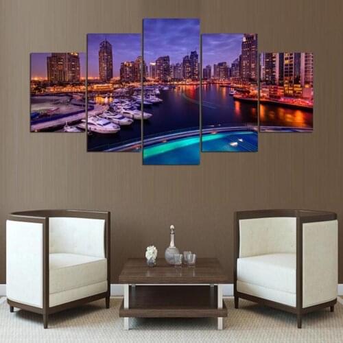 High Quality Canvas Printed Unique Poster Wall Art Framework 5 Pieces City Building Night View Pictures Paintings Home Decor