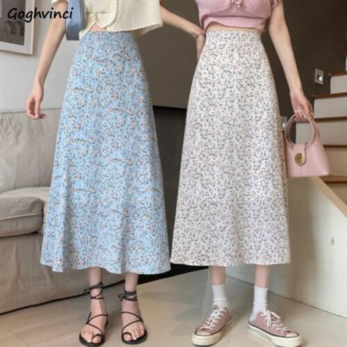 Skirts Women Floral A-line Retro Fashion Harajuku Oversize Leisure Slim Summer Vacation Elastic High Waist Chic Saia Feminina