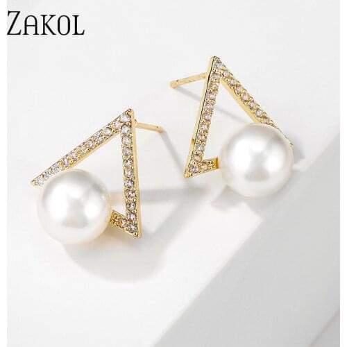 ZAKOL New Korean Fashion Triangle Design Micro-inlaid Cubic Zirconia Pearl Stud Earrings Cute Christmas Gift for Women EP2870
