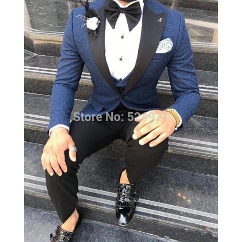 Groomsmen Navy Blue with Black Groom Tuxedos Peak Lapel Men Suits 3 Pieces Wedding Best Man ( Jacket+Pants+Vest+Tie ) C802