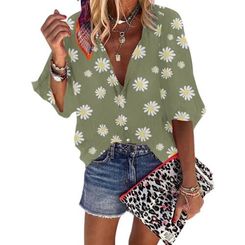Daisy Print V Neck Long Sleeve Streetwear Single Breasted Shirt Women Casual Loose Office Elegant Plus Size Work Wear Blouses