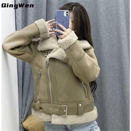 QingWen Women Autumn Winter Models Leather Jacket Coat Velvet Padded Lapel Suede Plus Fur Zipper Motorcycle Cotton Jacket 2021