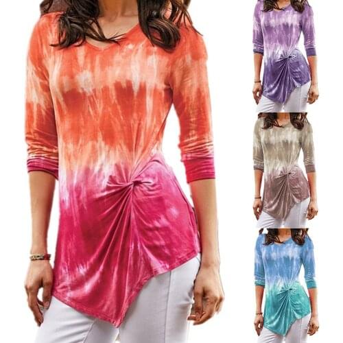 Women Tie Dye Long Sleeve V Neck Twist Knot Casual Blouse T-Shirt Top Pullover