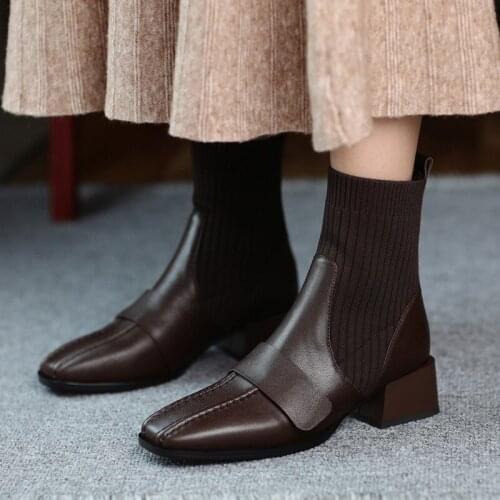 2021 New knit short boots women thick heel soft leather mid-heel thin thin boots autumn square toe elastic socks boots