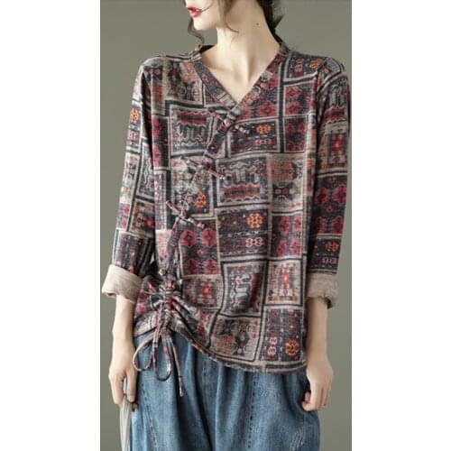 Johnature Vintage Women Shirts Cotton Blended V-neck Full Sleeve Blouses 2021 Spring Button Chinese Style Loose Tops