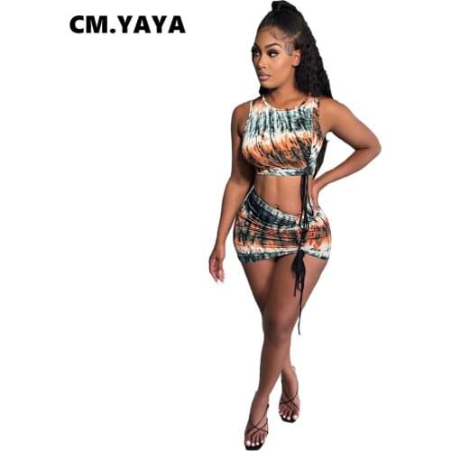 CM.YAYA Women Set Print Shirring Sleeveless Crop Tops Mini Skirts Two 2 Piece Sets Sexy Night Clubwear Fashion Streetwear Summer
