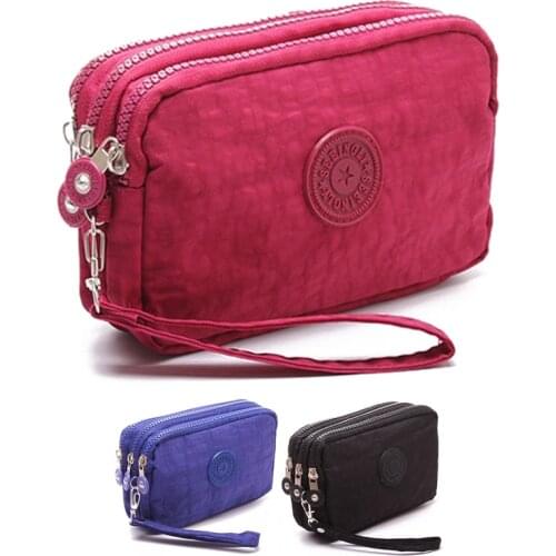 Women Small Wallet Washer Wrinkle Fabric Phone Purse Three Zippers Portable Make Up bag