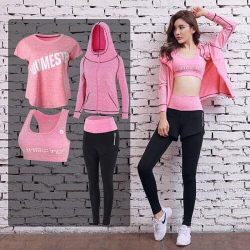 Plus size women sports 5PCS set quick dry yoga high waist pants+shorts+t shirt+bra+coats fitness gym clothing outdoor sets 3XL
