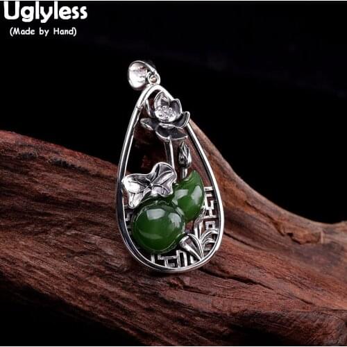 Uglyless Handmade Lotus Flower Necklaces for Women Green Jade Jasper Gourd Pendants NO Chains 925 Silver Water Drop Jewelry P911
