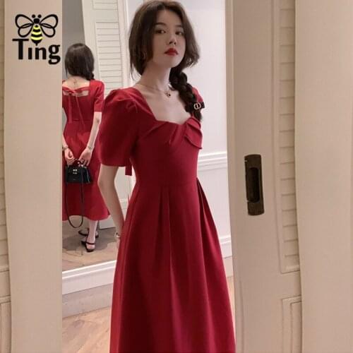 Tingfly Vintage Elegant Romantic Red Solid Color A Line Party Dinner Dresses Summer Short Sleeve Casual Street Dress Robe Zevity