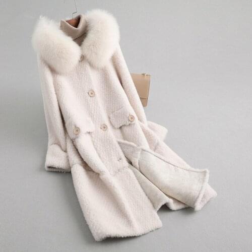 Coat Winter Women Real Fur Coat Female Sheep Shearling Jacket Real Fox Fur Collar 100% Wool Coats Long Jacket MY4580 s