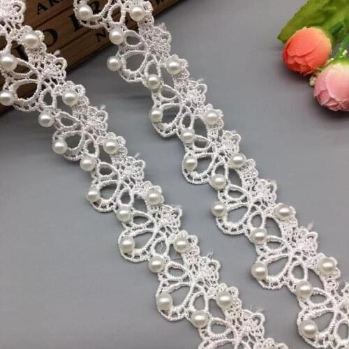 1 Yard White Pearl Beaded 3D Lace Trim Tape Lace Ribbon African Fabric Collar Wedding Dress Sewing Garment Headdress Materials