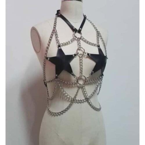 100% Handmade Real Leather Star Pentagram Harness Heavy Duty Chain Links Top Costume Outfit Stage Performance Bra