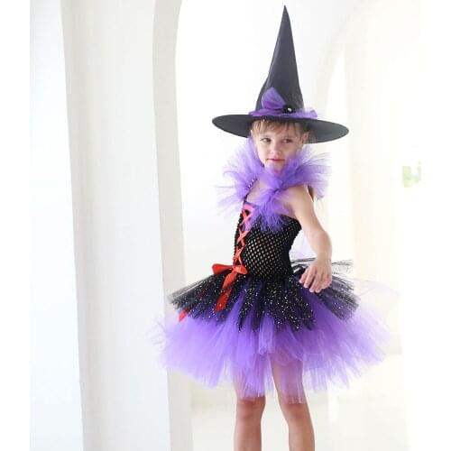 2021 Kids Halloween Witch Costume Black Purple Girls Tutu Dress for Kids Party Dresses Roleplay Sparkly Tulle Dress with Hat