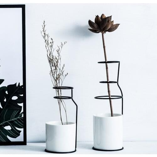 Decorative Home Art Ceramic Vase Iron Art Small Vase Simple Iron Frame Insert Small Flower Pot Flower
