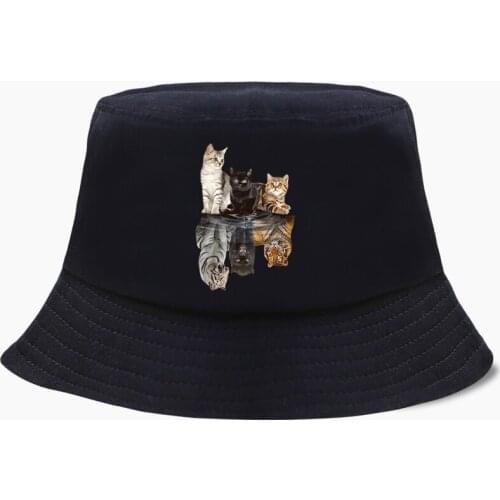Cat Upside Down Tiger Panama Cap Bucket Hats Cute Animal Powerful Reflection Funny Fishing Women Men Bob Panamas Fisherman Caps