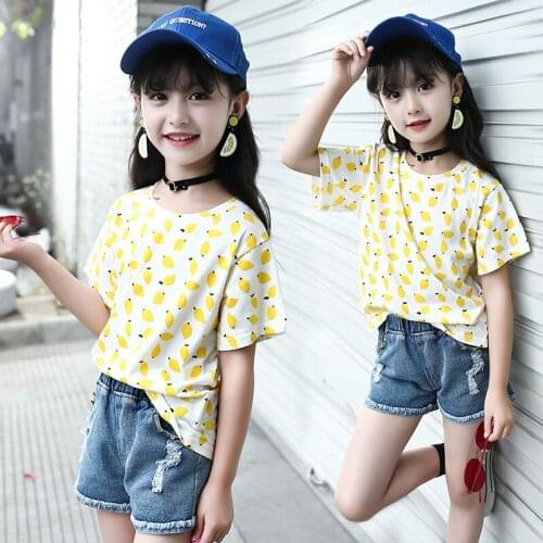 2019 Girls Summer Tops Tees Lemon Printed Cotton T Shirts 6-10T Teenage Girls T-shirt Clothes