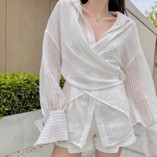 2020 Brand New Stylish Women Shirts Cross Design Striped Long Sleeve Blouse High Quality Womens Tops and Blouses Chemise Blusa
