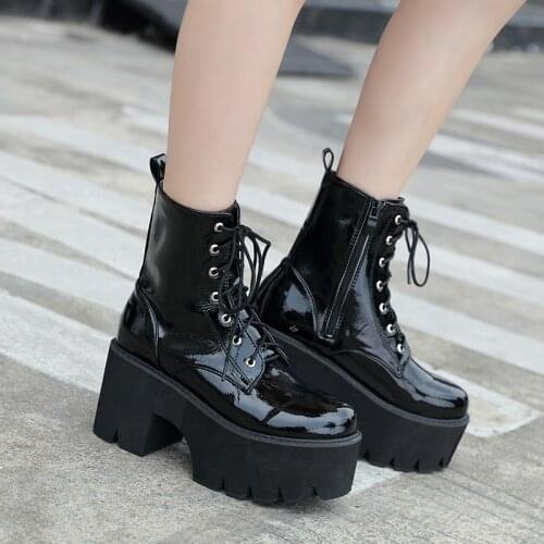 Spring new short boots round toe waterproof platform patent leather lace-up zipper platform high-heeled wedge Martin women boots