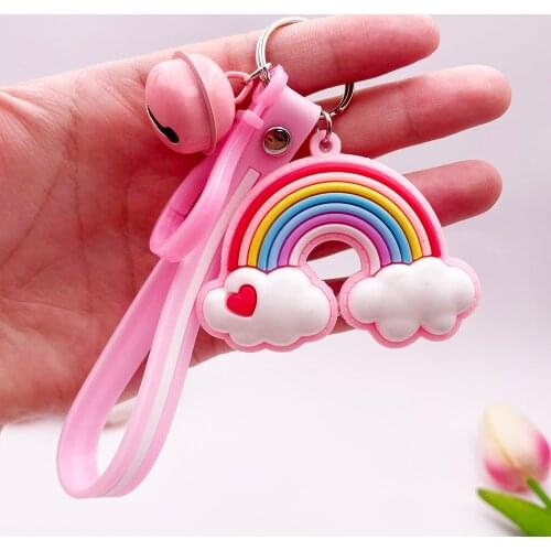 New Lovely Cute Rainbow Key Chain Leather Strap Braided Rope Tassel Keychain for Women Girl Bell Star Lollipop Bag Charm Pendant