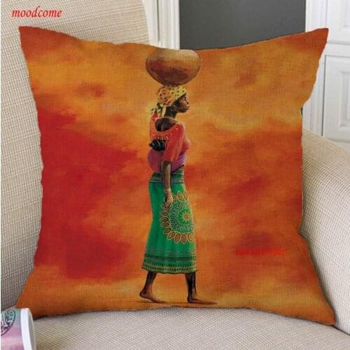 Orange African Art Oil Painting African Woman Lifestyle Cotton Linen Sofa Decoration Throw Pillow Cover Exotic Art Cushion Cover