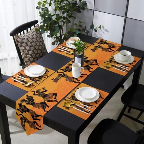 Orange African Women Dance Ethnic Table Runner Placemats Set Country Wedding Table Decoration for Kitchen Home Dining Holiday