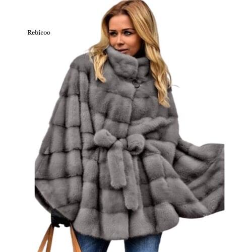 Faux Fox Fur Coat Women Elegant Belt Winter Fashion Medium Long Artifical Fox Fur Coat Lady Warm Fake Fox Fur Cloak Coats
