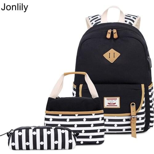 Jonlily Women Nylon School Backpack 3 Piece Set with Pencil Case Teens Daypack for 14'' Laptop with USB Port -KG356