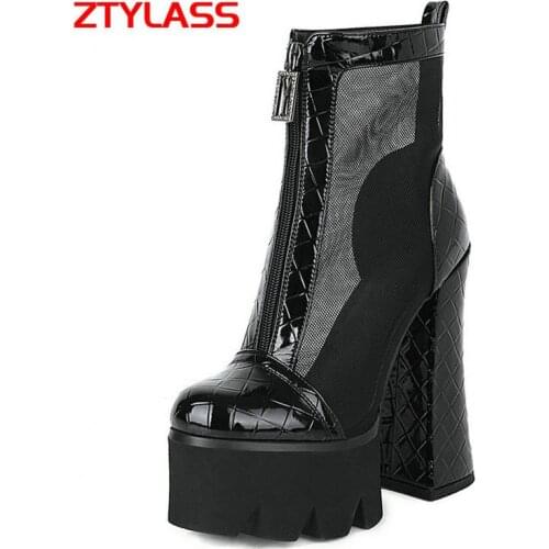 Sexy Super High Heel Summer Net Boots Women Platform Zipper Ankle Boots Fashion Round Toe Square Heel Spring Short Boots Black