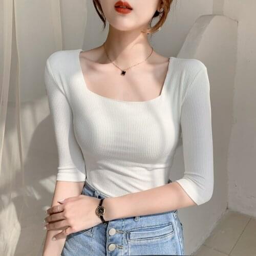 Sexy Slim-fit 3/4 Sleeve T-shirt Women 2021 New Style Middle-Sleeved Bottoming Shirt Western Style Clavicle Square Collar Top