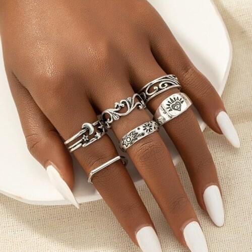 6 pcs Set Vintage Adjustable Rings Fashion Carving Stars Moon Boho Ring for Women Korean Lovers Jewelry Z287