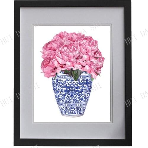 REPRODUCTION PRINT - Pink Peonies in blue and white ginger urn - print of my original watercolour painting code