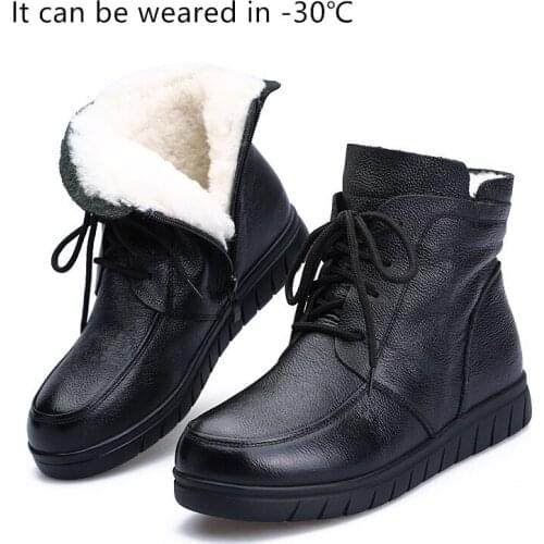 Koovan Womens Cotton Shoes Winter Warm Fleece -30 Flats Middle-aged Cotton Boots Genuine Leather Wool Snow Boots Non-Slip Women