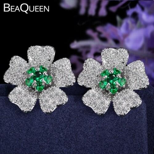 BeaQueen Brand White Gold Color Big Flower Green Cubic Zirconia Stone Pave Setting Post Stud Earrings For Women Jewelry E062
