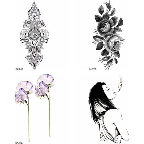 Flash Begonia Flower Tattoo Women Arm Ear Temporary Tattoo Stickers Girl Fashion String Leaves Water Transfer Tatoos Henna Totem