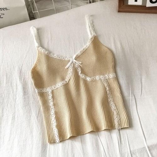 Bow Applique Lace Patchwork Camisole Womens Clothes Summer Sexy V-Neck Sleeveless Tank Camis Female Bottoming Top Vest Casual