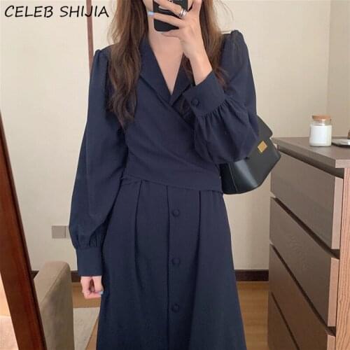 Chic Elegant Spaghetti Dress Woman V-neck Dark Blue Bodycon Dress Female Spring Long-sleeve Slim Waist Korean Long Dresses Woman