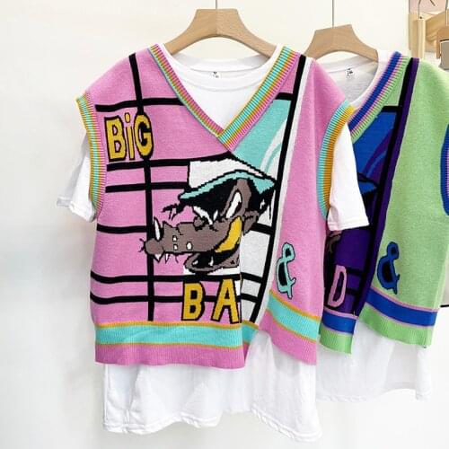 Women V-Neck Knitted Vest 2021 NEW Spring Cartoon Pink Embroidery Sweater Female Casual Sleeveless Pullovers Vest Tops SY222