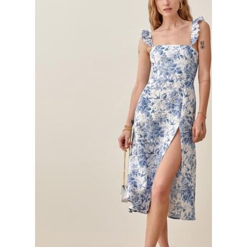 Ladies summer retro floral print dress print fungus elastic strap dress temperament cocktail dress