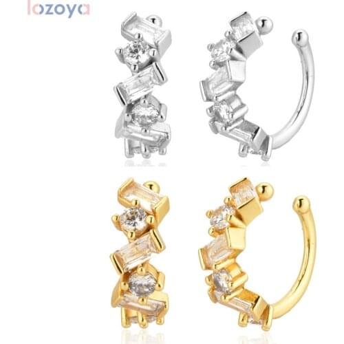 LOZOYA 925 Sterling Silver Clear Jewelry Crystal Zircon CZ Piercing No Without Pendiente Cuffs Women Fashion CZ Ohrringe