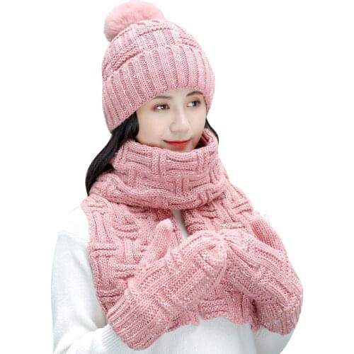 2020 Winter Fashion Pompom Women Hats Scarf Gloves Set Girls Hat Caps Ski Beanies Skullies Warm Velvet Thick Winter Beanies Hat