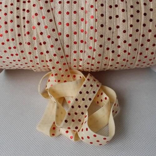 5/8" red foil dots printed fold over elastic #815-Cream FOE ribbon for hair accessories, 50yards/lot