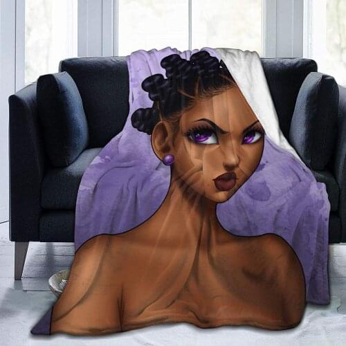 African Black Art Blanket African American Anime Girl Angry Face Purple Throw Blanket Afro Black Girl Soft Cozy Plush Flannel