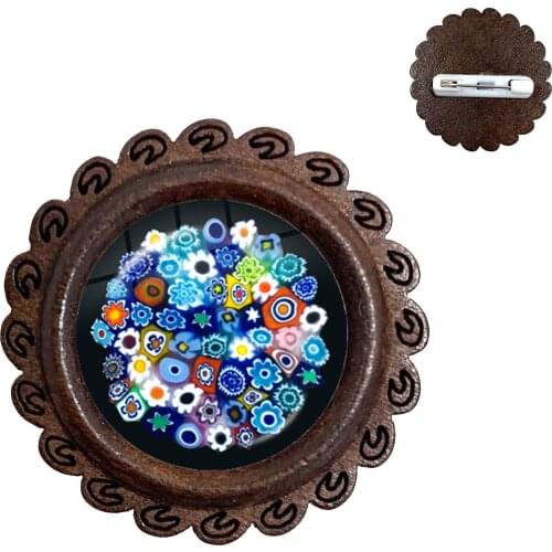 Murano Millefiori Wood Brooches MultiColour Flower 20mm Glass Cabochon Collar Pins Jewelry For Women Men Gift Wholesale