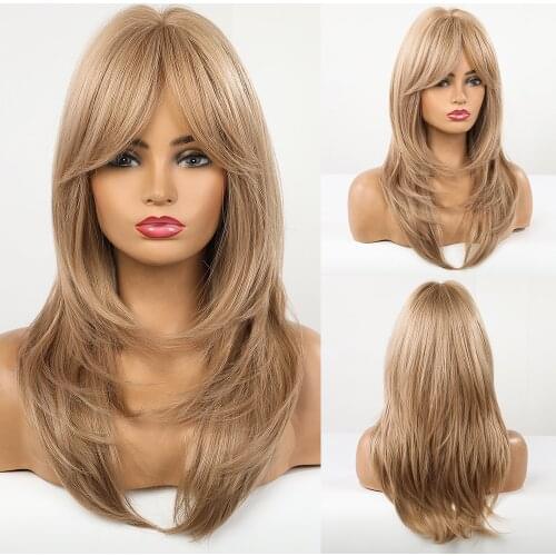Long Ombre Brown Ligh Blonde Synthetic Wigs with Side Bangs Hair Wigs for Women Cosplay Daily Party Hair Heat Resistant Fiber
