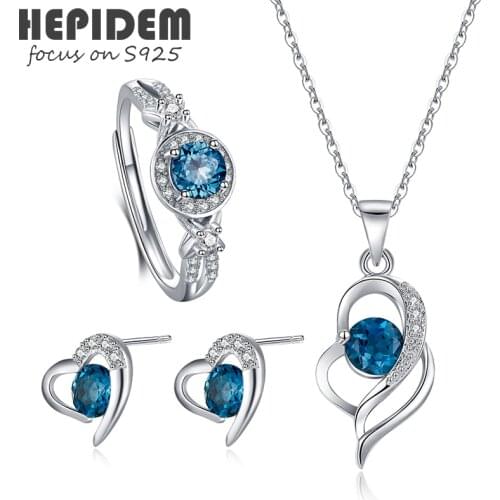 HEPIDEM 100% Really Topaz Necklace Rings Earrings Women 925 Sterling Silver Fashion Korean Natural Blue Fine Jewelry Set H006